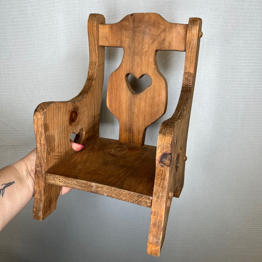 Vintage Handmade Wooden Doll Chair Heart Cutouts Rustic Brown Toy Furniture